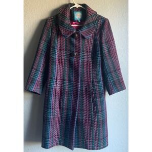 Plenty by Tracy Reese Plaid Wool Blend Coat Pink Blue Green Womens M Pockets